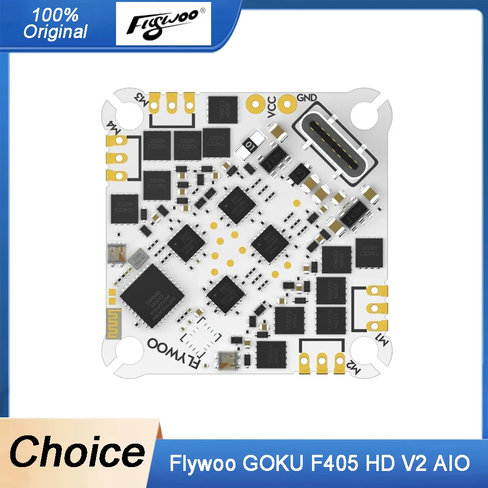 FLYWOO GOKU F405 HD V2 AIO – Carte de vol F405 avec récepteur ELRS intégré pour micro drone HD, vue de dessus sur fond sombre