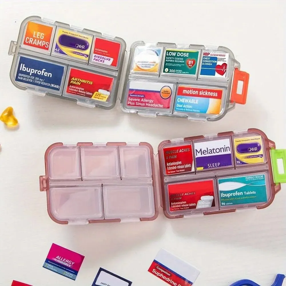 Portable Compact Pill Organizer with 10 Compartments and Customizable Medicine Stickers
