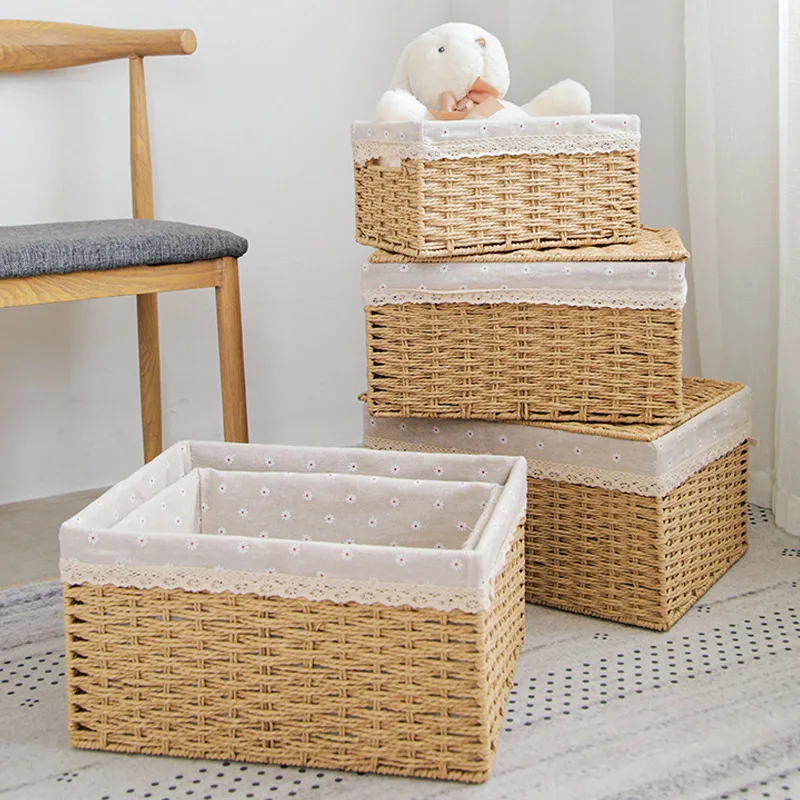 

Настольная тканая корзина для хранения, коробка для закусок, косметики, игрушек, лотка для ключей, подходит для домашней ткани, дивана и журнального столика