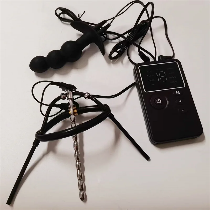 1 Set Electric Shock Urethral Sounding Dilator Penis Trainer Massage Silicone Anal Butt Plug Metal Horse Eye Rod Sex Toy for Men