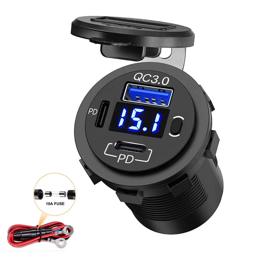 58W 12V USB Outlet USB C Car Charger Socket Dual 12V USB-C PD 20W  18W QC3.0  USB Car Port with Voltmeter Button Switch For RV AliExpress