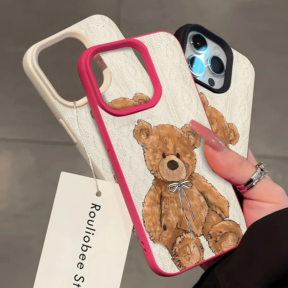 Cute Brown Teddy Bear Pattern Lychee Soft Phone Case