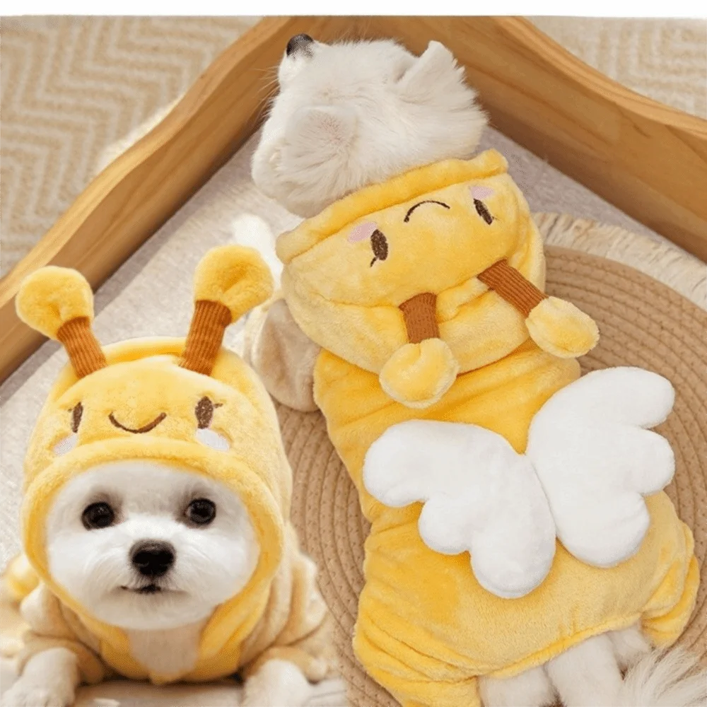 Dog Hoodie Coat Windproof Dog Fleece Hoodies Cartoon Bee Design Dog Four-Legged Clothes Warm Comfortable Dog Pajamas Outdoor