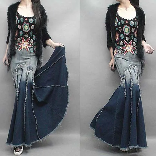 Lady Long Denim Skirt women High Waist Gradient Tassel Jeans Trumpet female Cool Fish Tail Mermaid Bohemian Maxi Skirts womens summer hot girls short jeans high waist slim fit cotton spandex denim shorts for fashion lady