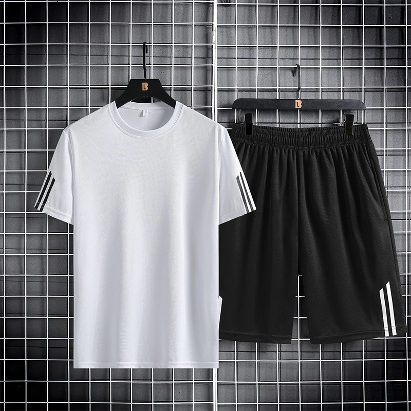 Three bar summer sports set with round neck and quick drying for men and women, loose and breathable thin running two-piece set