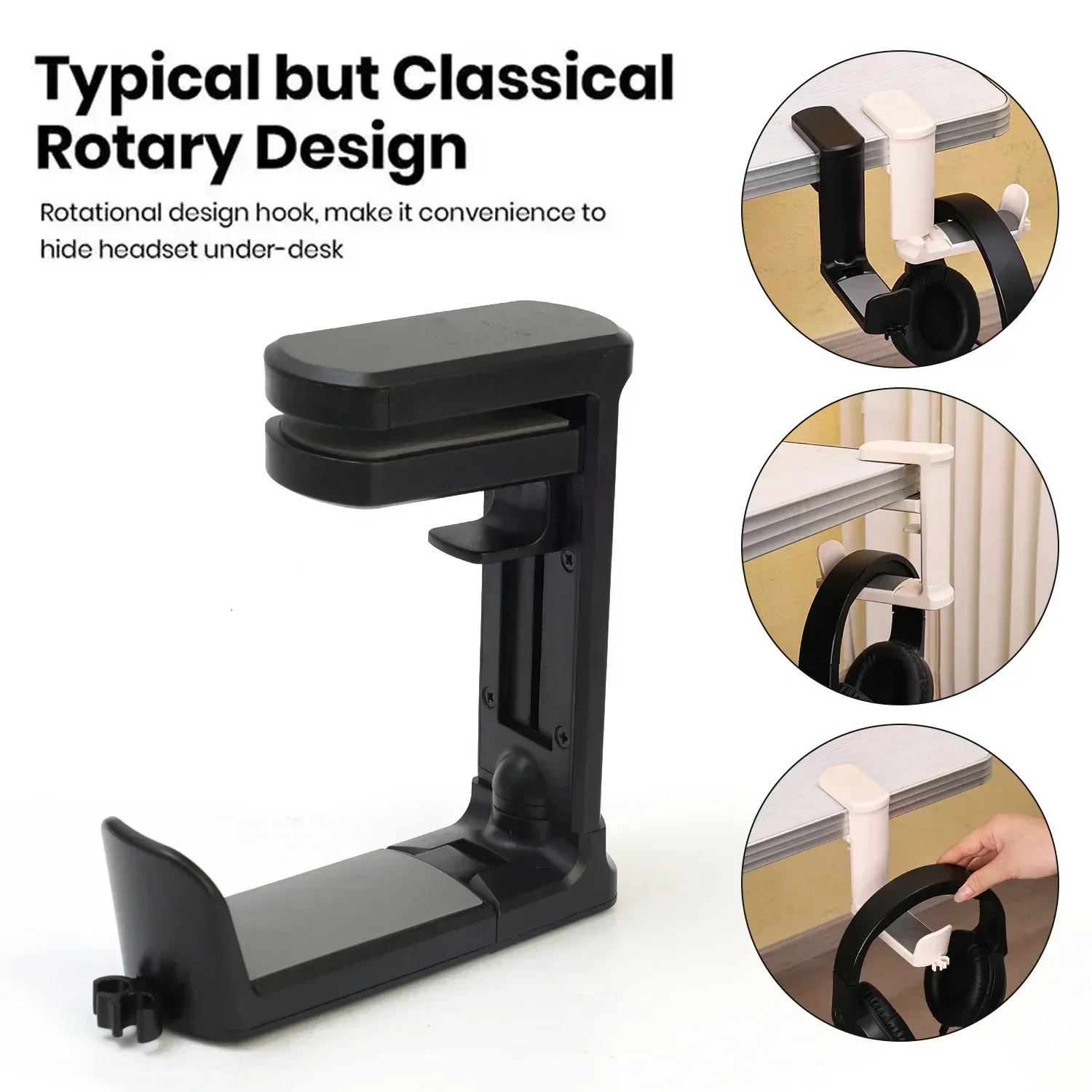 Adjustable Clamp Headphone Holder Headset Stand 360°Rotating Clamp-on Earphone Holder Hanger Hook with Cable Clip Organizer