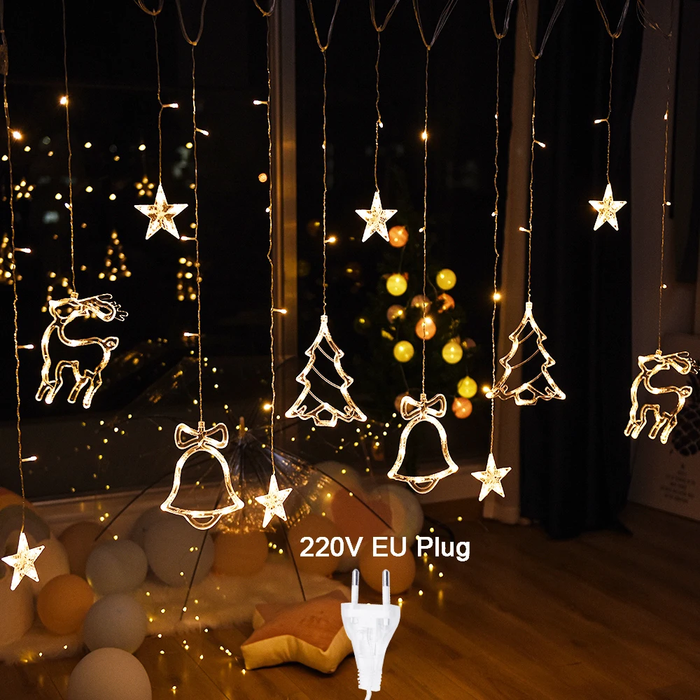 thumbnail image 1 of Guirnalda de luces LED para cortina de hadas navideñas, 3,4 m, con forma de estrella y ciervo, 220 V, 110 V, para árbol de Navidad, decoración de fiesta de Año Nuevo, 1 of 5