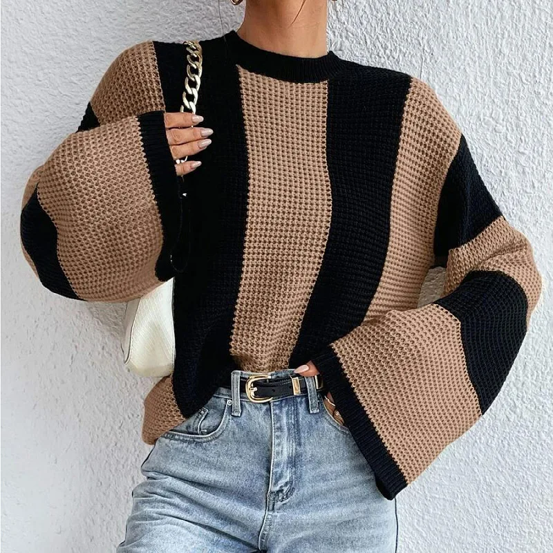 

Oversized Sweater Autumn/Winter Knitted Pullover Top Round Neck Flare Sleeve Striped Casual Sweater