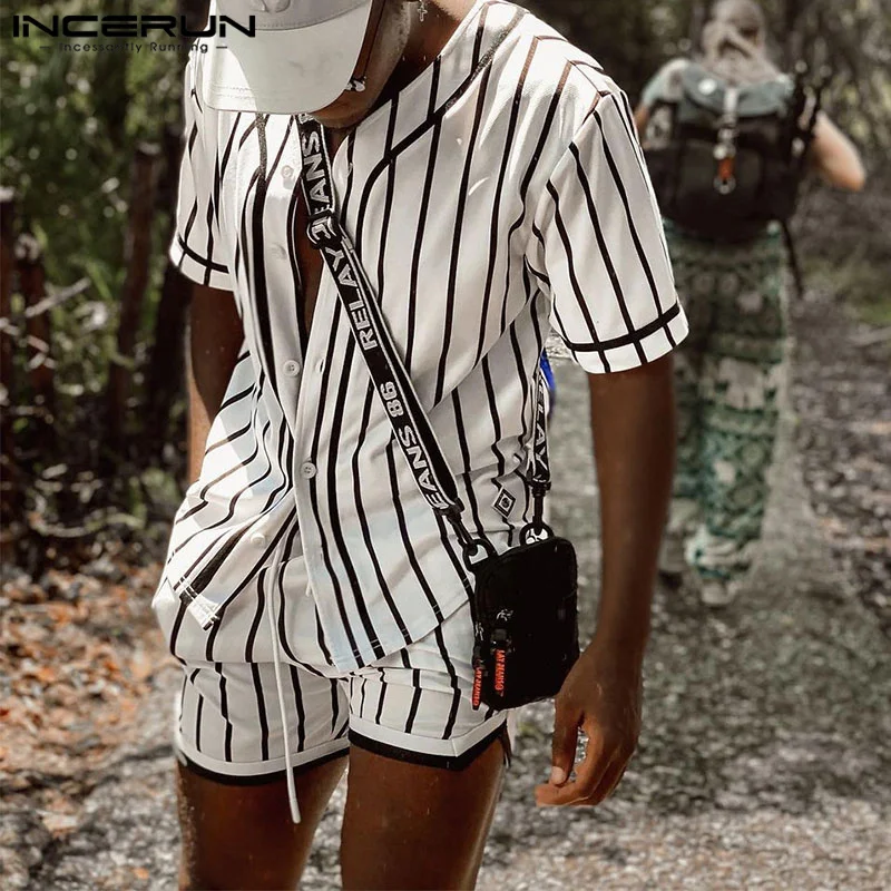 

Новинка 2023, мужская рубашка с коротким рукавом и шорты INCERUN в американском стиле, модные повседневные мужские универсальные полосатые комплекты из двух предметов