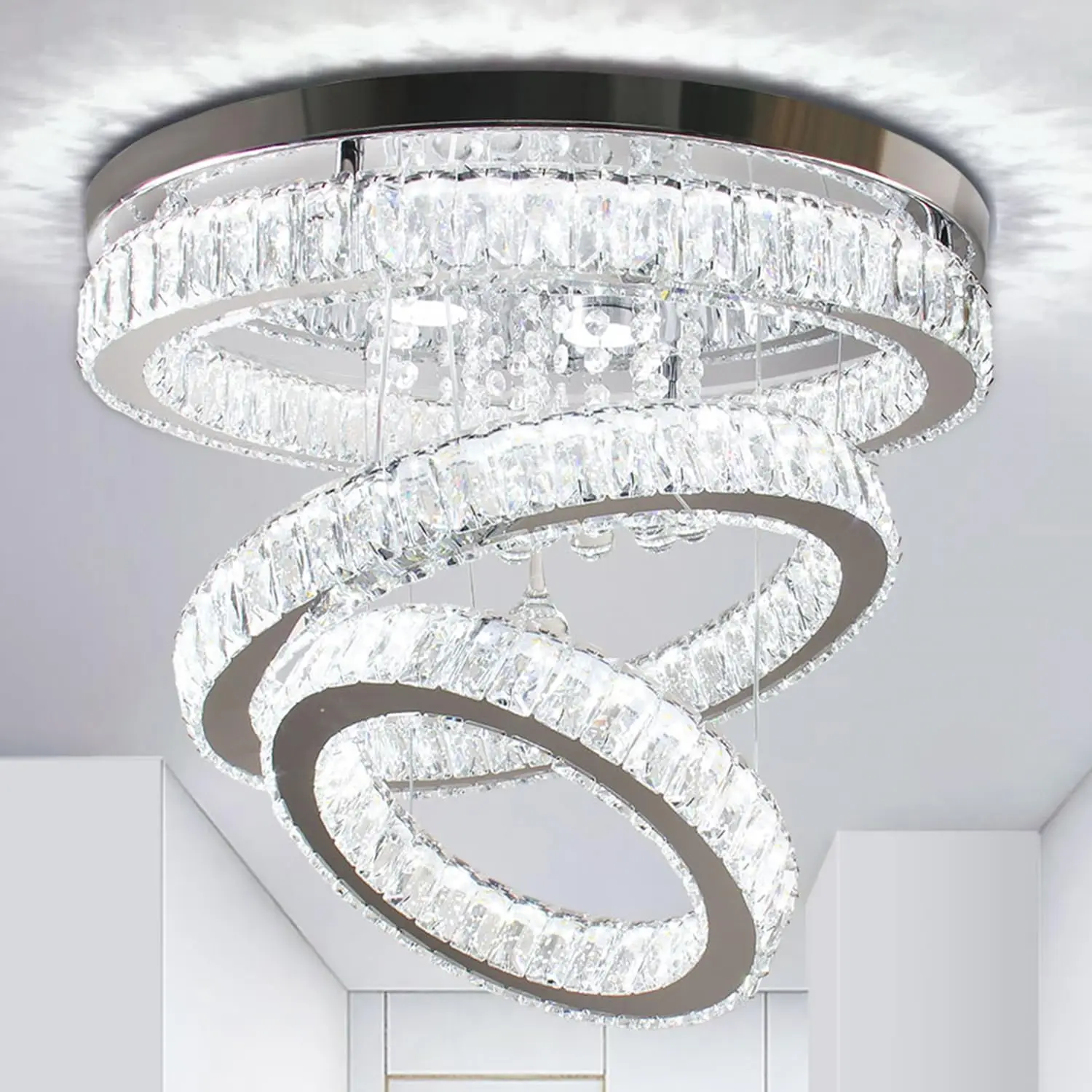 

19.7" Crystal Chandelier Flush Mount Ceiling Light Fixture Chandeliers for Bedroom Dining Room Living Room 6500K Cool White