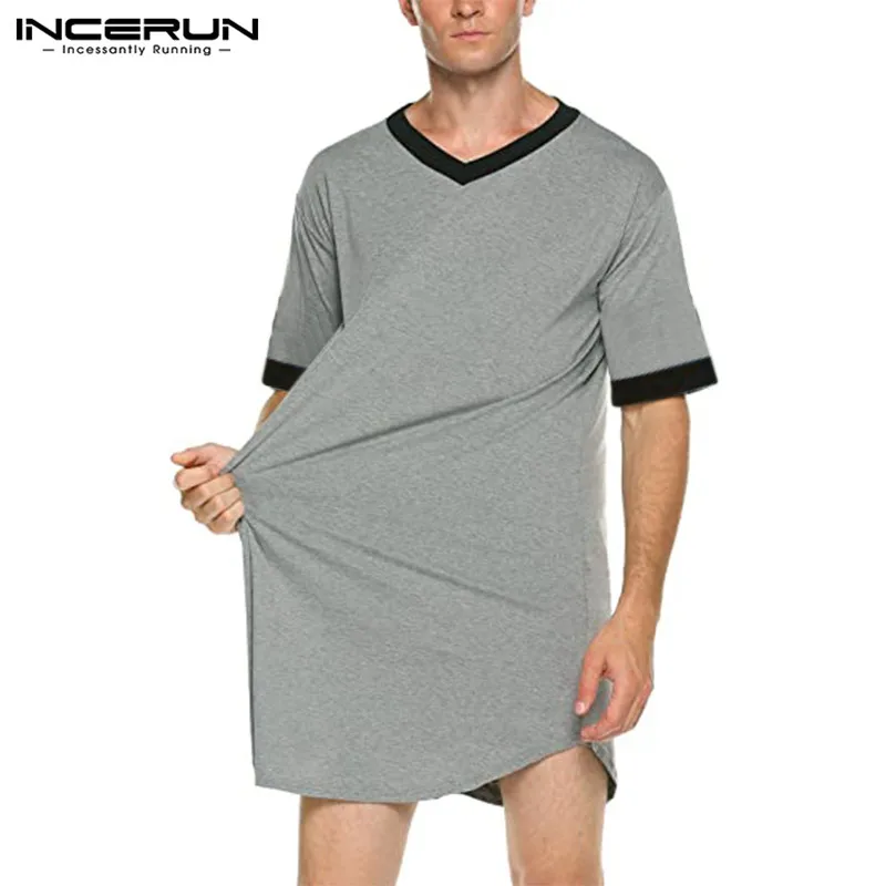 

INCERUN 2024 Men Sleep Robes Short Sleeve V Neck Nightgown Patchwork Cozy Homewear Fashion Loose Mens Bathrobes Dressing Gown