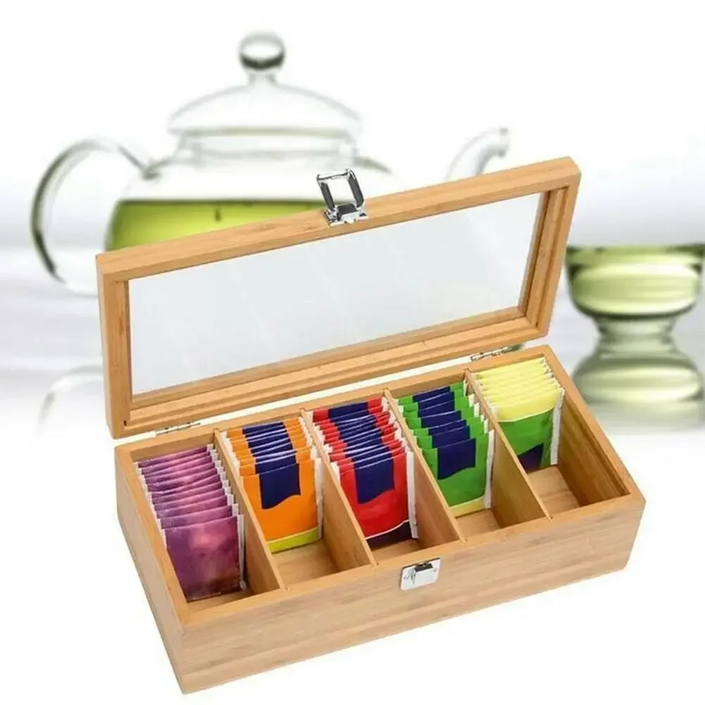 

Packet Compartments Bamboo Bag Tea Jewelry O3e3 Organizer Storage Box Sugar Wood 5 Container System