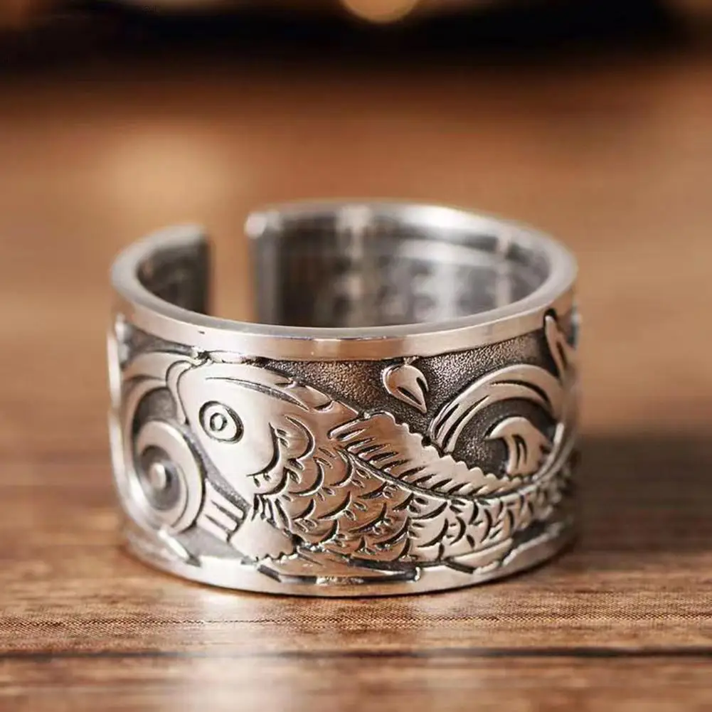 1Pcs Vintage Koi Fish Pattern Opening Good Luck Rings For Women Men Charm Jewelry Accessories Anillos Hombre Bague Bijoux