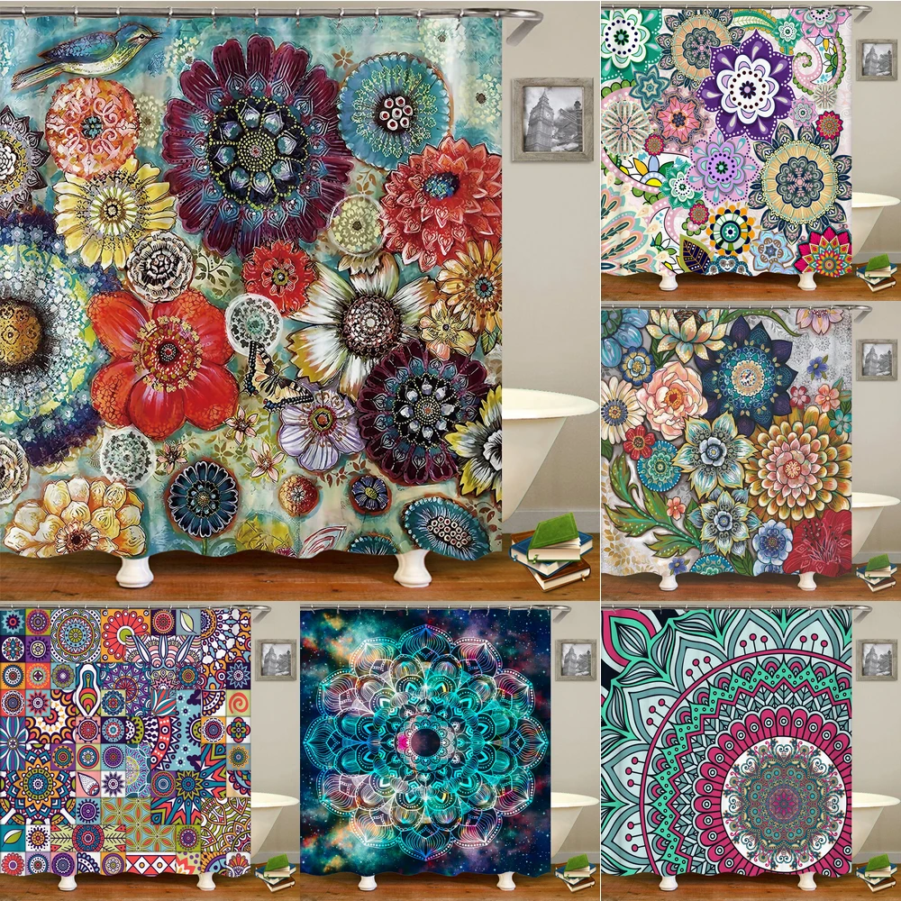 

3D Flower India Bohemian Print Nordic Style Shower Curtain Set With Hooks ​Natural Landscape Home Decoration Bathroom Curtains
