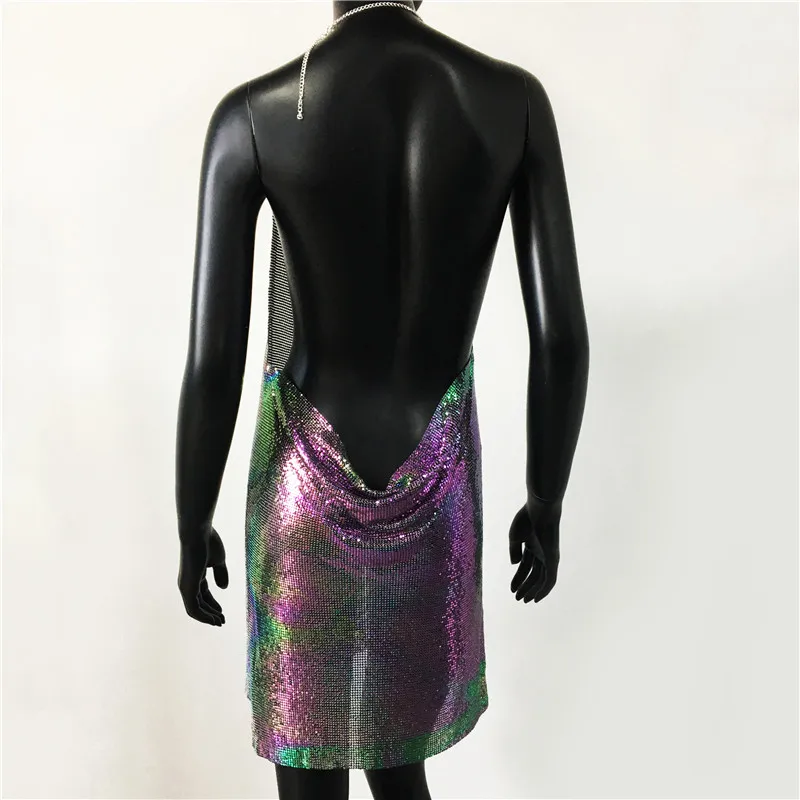 2023 Sexy Clubwear Backless Sequin Short Dress For Women Cocktail Metalic Split Mesh Harness Body Chain Club Low Cut Mini Dress