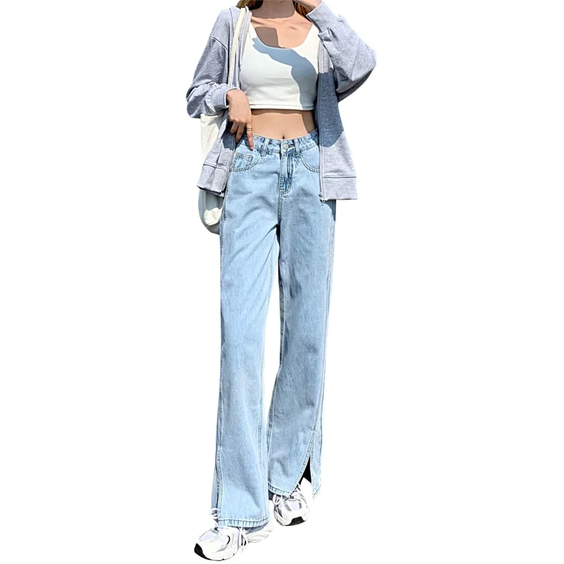 

Fashion Split Denim Pants for Women Jeans Autumn New Korean High Waisted Loose Straight Leg Wide Mop Pants