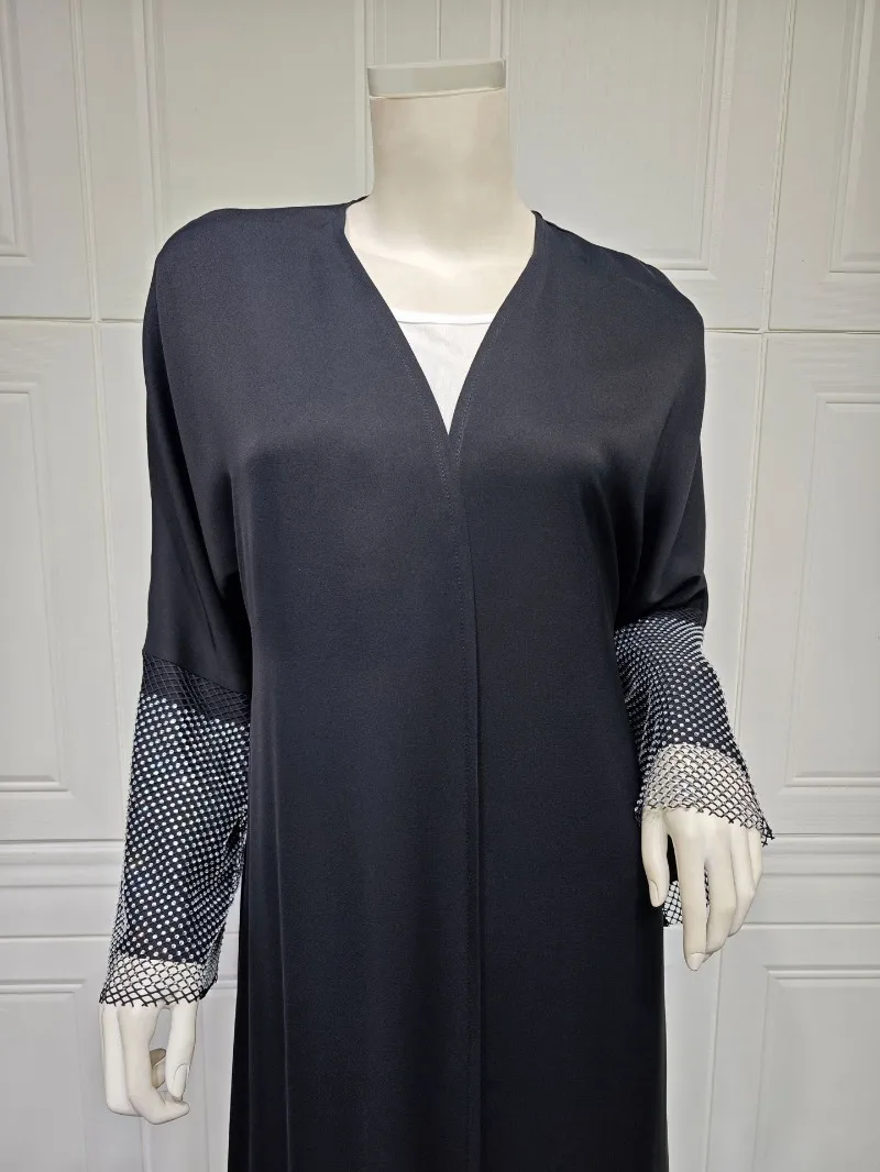 2024 New Ramadan Islam Abaya Kaftan Black Loose Elastic Diamond Mesh Robe Femme Muselmane for Europe and America