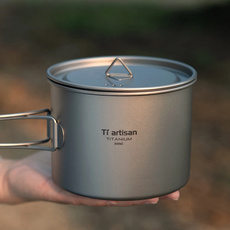Foldable Handle Titanium Camping Pot Cup Outdoor Hiking Backpacking Ultralight Portable Hanging Pot with Lid Tiartisan 900ml camping cookware,camping cookware set