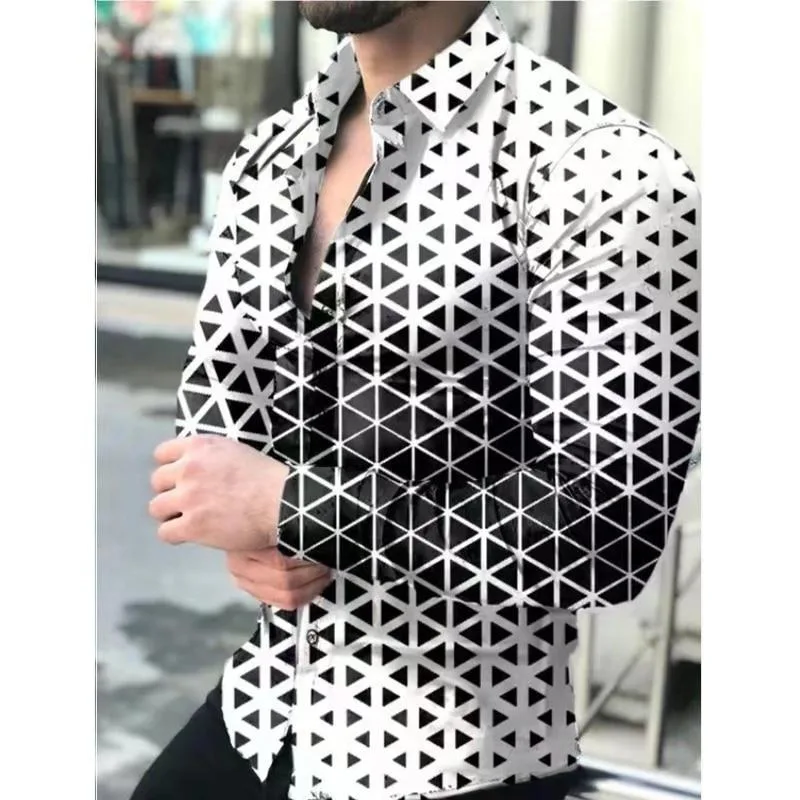 Men's Shirts Simple Color Contrast 3D Printed Branded Casual Button Cardigan Tops Slim Fit Long Sleeve Party Wear Male Clothing