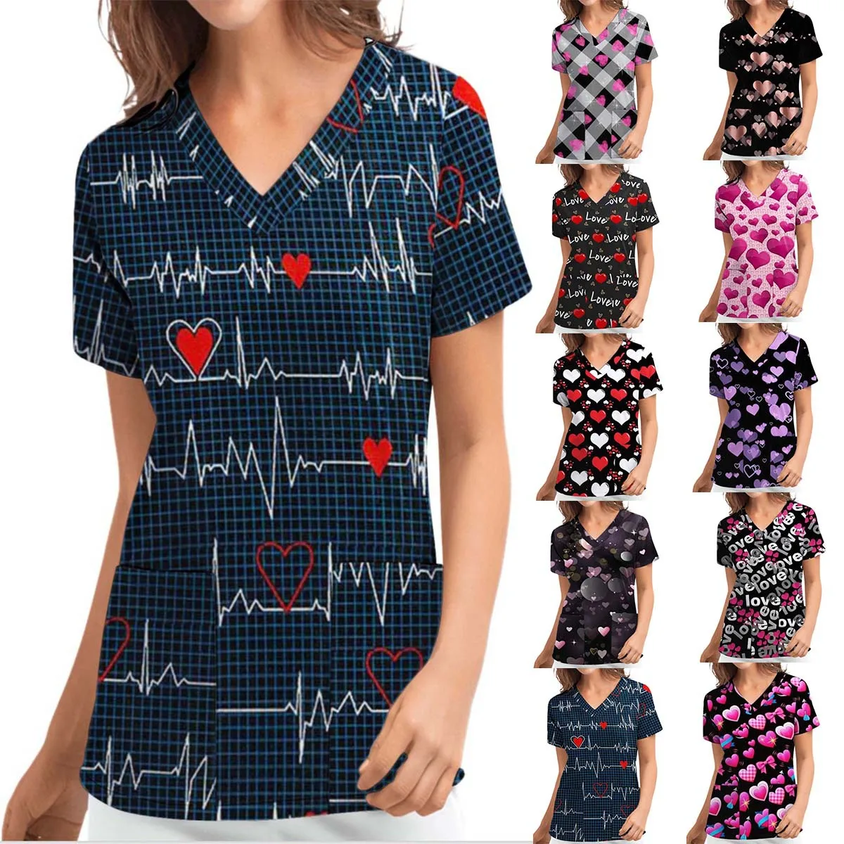

Love Printed Nursing Scrub Tops Nurse Uniform T-shirt Women V-neck Pocket Overalls Medical Uniforms clinic Beauty Salon Workwear