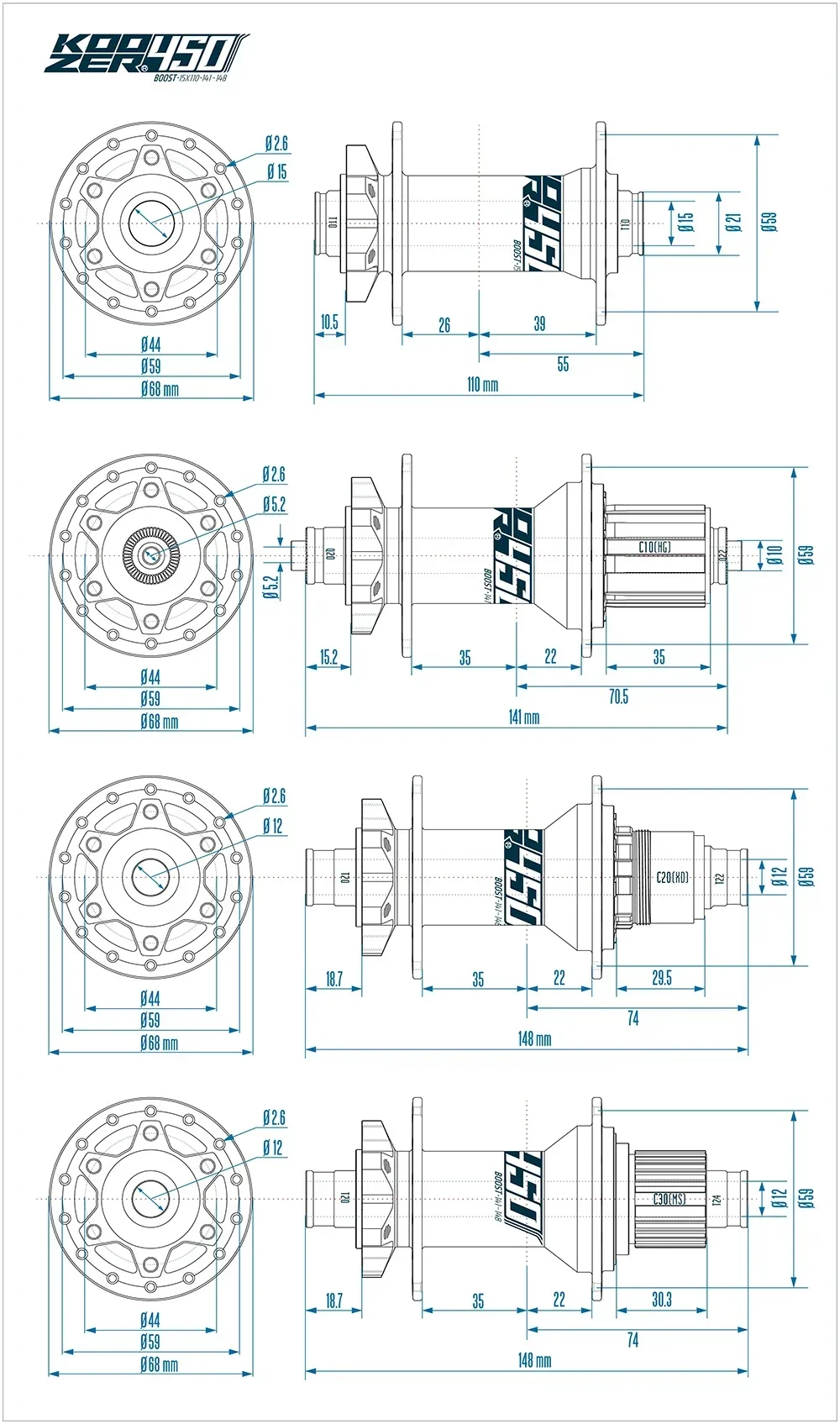Description Picture 3 of itemKoozer 450 Front Boost cube 28 32 Holes Mtb hubs thru axle TA 15x110mm bike hub 6 Bolts Disc 2 Sealed Bearing Bicycle Hubs