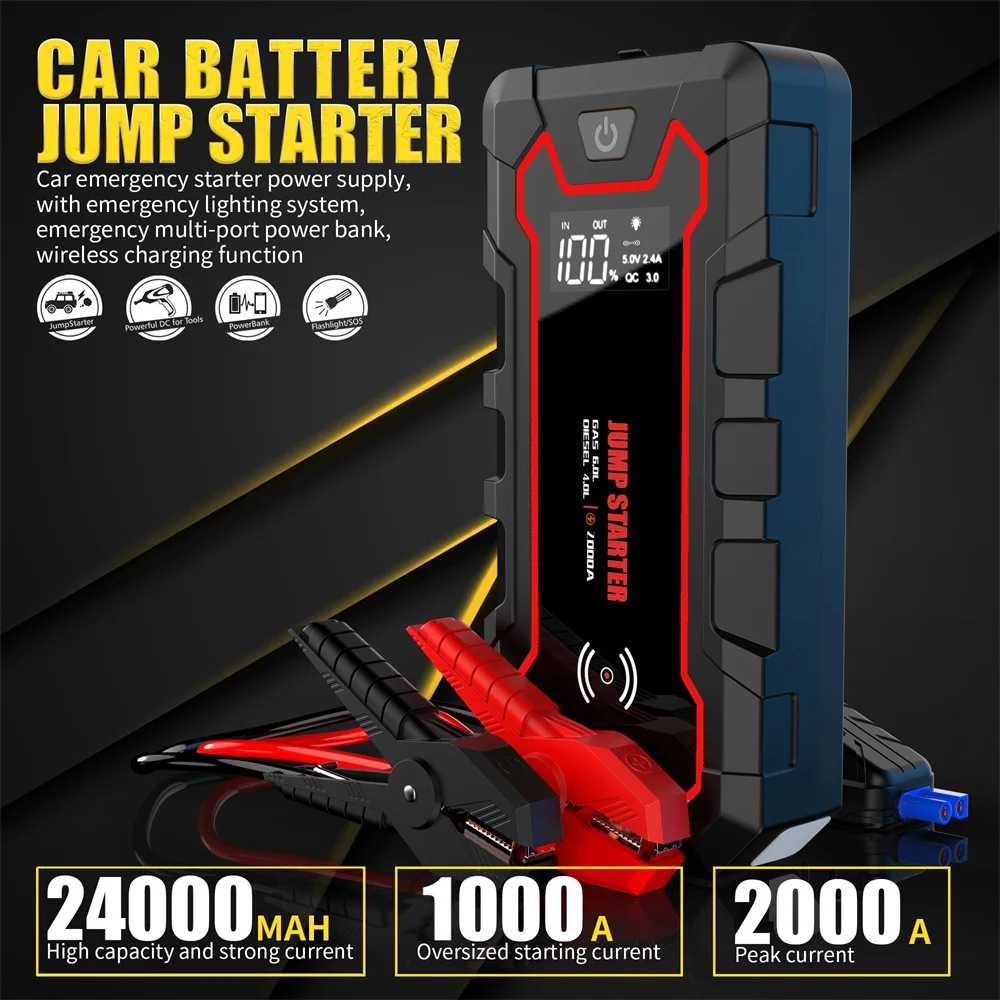 BIUBLE Booster Batterie 2500A 24000mAh Portable Jump Starter (Tout Gaz ou  8,5 L Diesel) Démarrage de Voiture avec Chargeur sans Fil 10W Pinces de  Sûreté Intelligentes Écran LCD Lamp LED : 