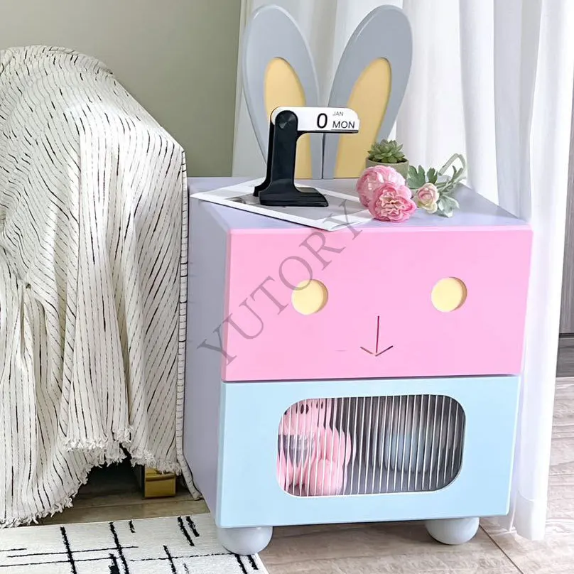 Cartoon children's bedroom lockers multi-storey bedside solid wood glass rabbit cabinet