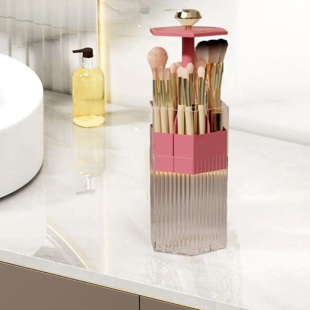 Plastic Automatic Lifting Makeup Brush Holder Dustproof Large Capacity Eyebrow Pencil Container Space Saving with Lid