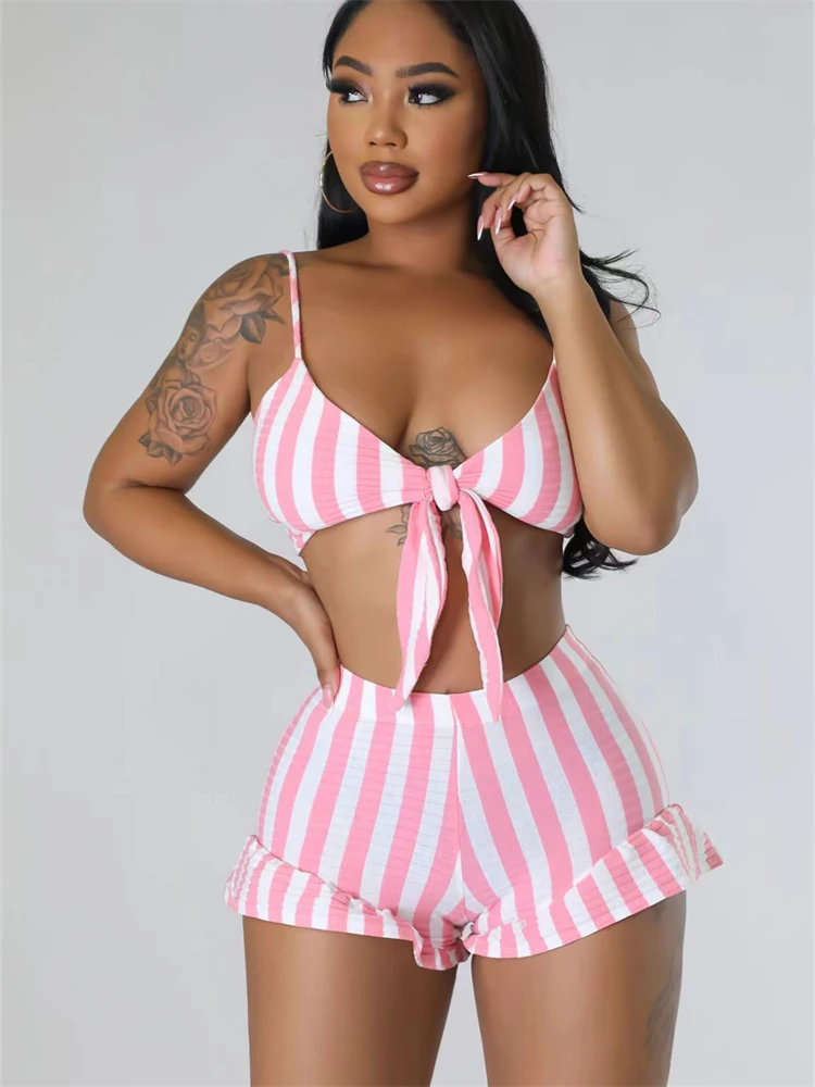 

Inwoman Pink Striated Bodycon 2 Two Piece Sets Summer Outfits For Women 2023 Backless Yellow Booty Shorts Sets Beach Party Sets