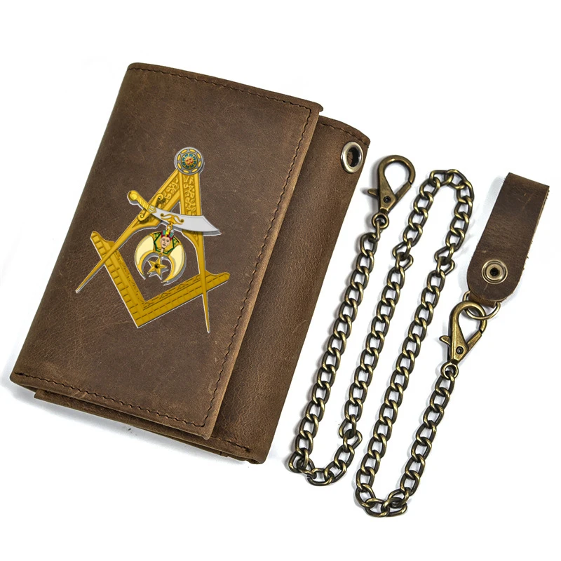 Luxury Men Genuine Leather Wallet With Iron Chain Ancient Freemasonry Design Printing Card Holder Short Purse BT1460