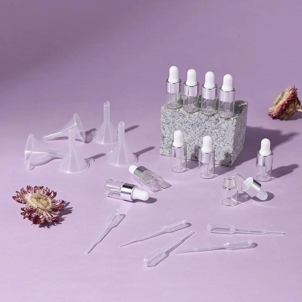 100pcs 2ml Silver Glass Dropper Bottles Empty 20 Funnels 20 Droppers Reusable Leakproof for DIY Perfume Essential Oils