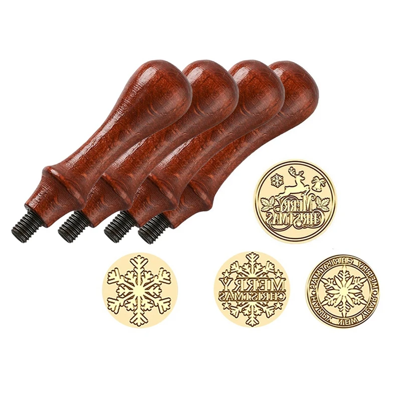 

4PCS Christmas Wax Seal Stamp Copper Head Kit With Wooden Handle Sealing Stamp Set Kit Envelope Gift Party Invitation Decoration