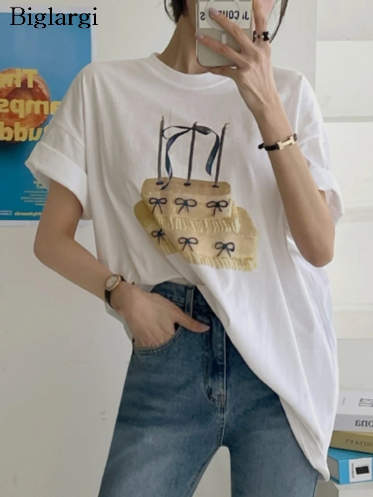 

Summer T-Shirts Tops Women Cake Bow Print Modis Casual Short Sleeve Ladies Blouses Korean Style Loose Pleated Woman T-Shirt Tops