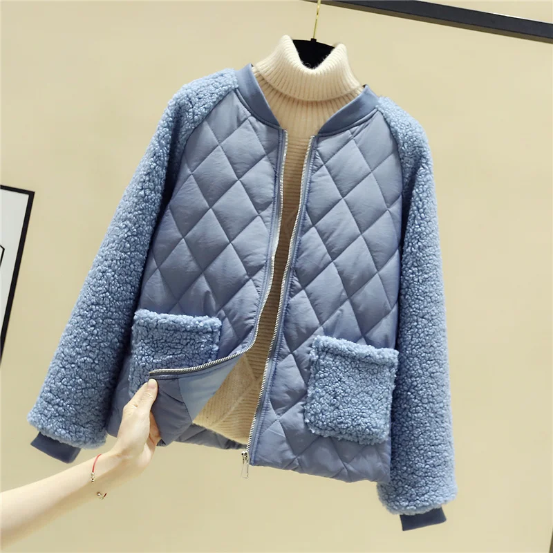 Women Casual Lambwool Winter Jacket Korean Fashion Round Neck Short Parkas Warm Vintage Long Sleeve Cotton Padded Bomber Coat