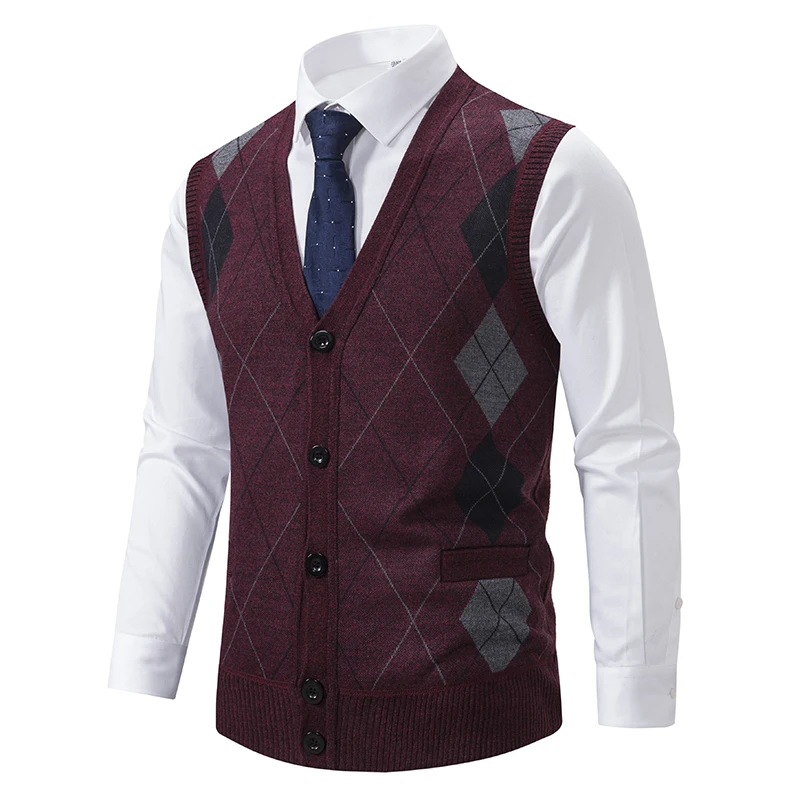 Men Sweater Vests Spring Autumn Sleeveless Fleece Warm Knitted Checkered Business Casual Button Up Coat