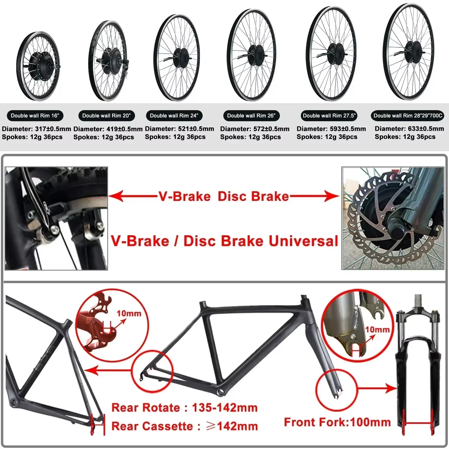 36V 16Ah Lithium Battery Electric Bike Conversion Kit 250W 350W 500W Brushless Gear Motor Wheel Kit 20" 24" 26"27.5"700C Wheel