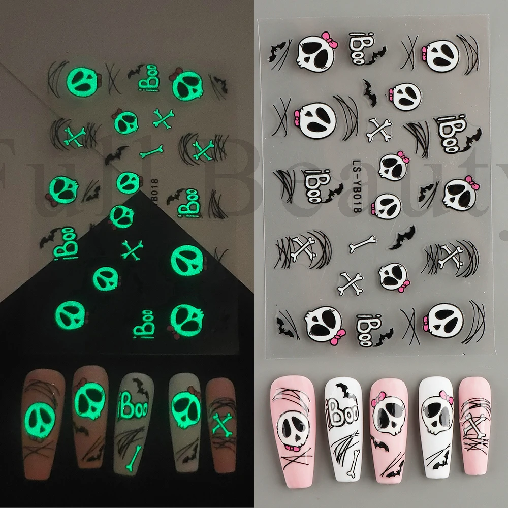 Luminous Nail Stickers Glow In Dark Halloween Nail Art Decoration Cartoon Skull Ghost Sliders Bones Spider Decal Tattoo GLYB-018