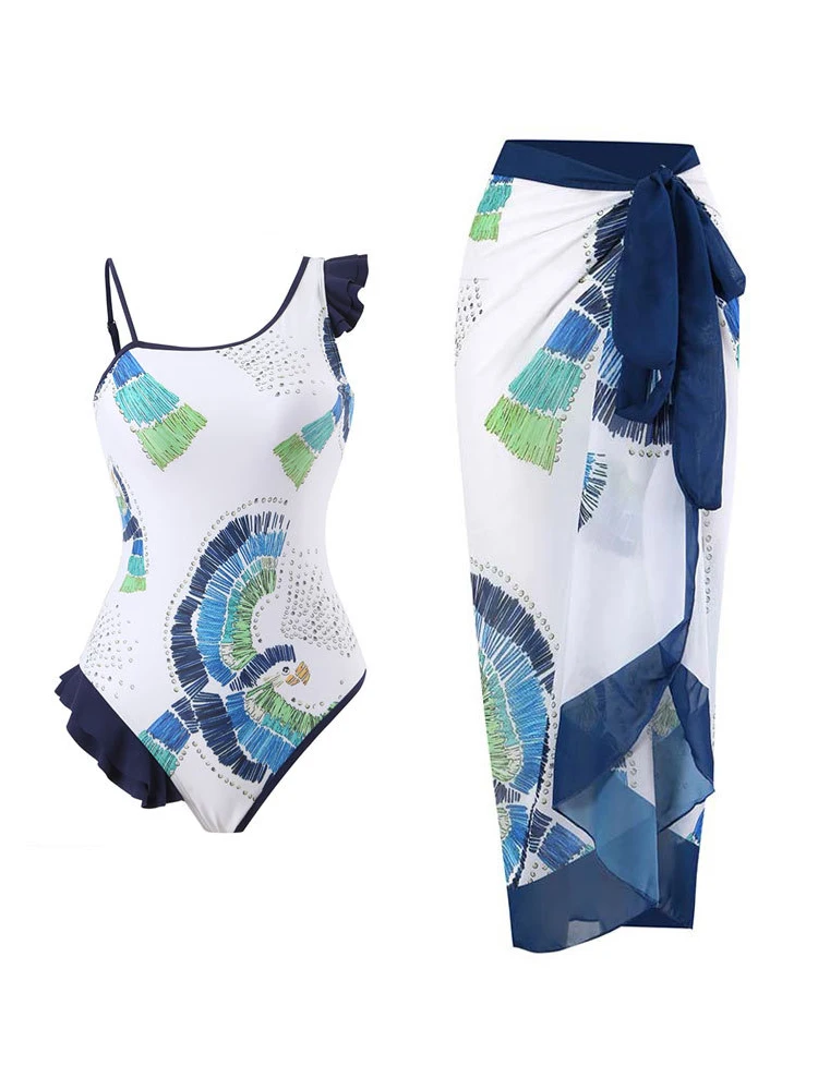 

White Fashionable Printed One-piece Swimsuit Woman 2023 Sexy Ruffled High Waisted Swimsuit with Cover Up Set for Beach Vacation