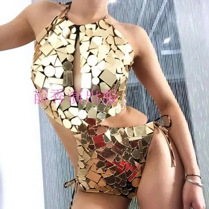 

Соблазнительный комбинезон с зеркалом для ночного клуба, женское нижнее белье для сценического танца, золотого цвета