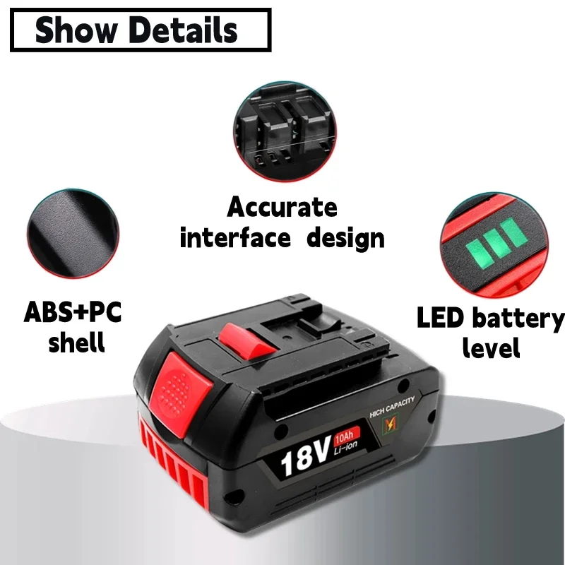 

for Bosch Electric Drill 18V Rechargeable Li-ion Battery BAT609 BAT609G BAT618 BAT618G BAT614 Charger with Capacity 6Ah 8Ah 10Ah