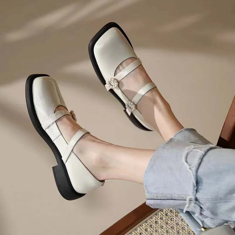 Women Oxford Shoes Square Toe Double Strap Shoes Pearls Buckle Mary Jane Low Heels Leather Casual Shoes for Girls Student New