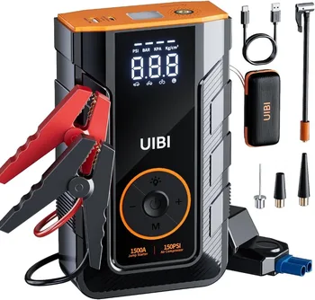 Avviatore di emergenza per auto 4 in 1 con compressore d'aria Picco 1500A Batteria automatica Booster Pompa d'aria 150PSI Gonfiatore per pneumatici portatile Power Bank