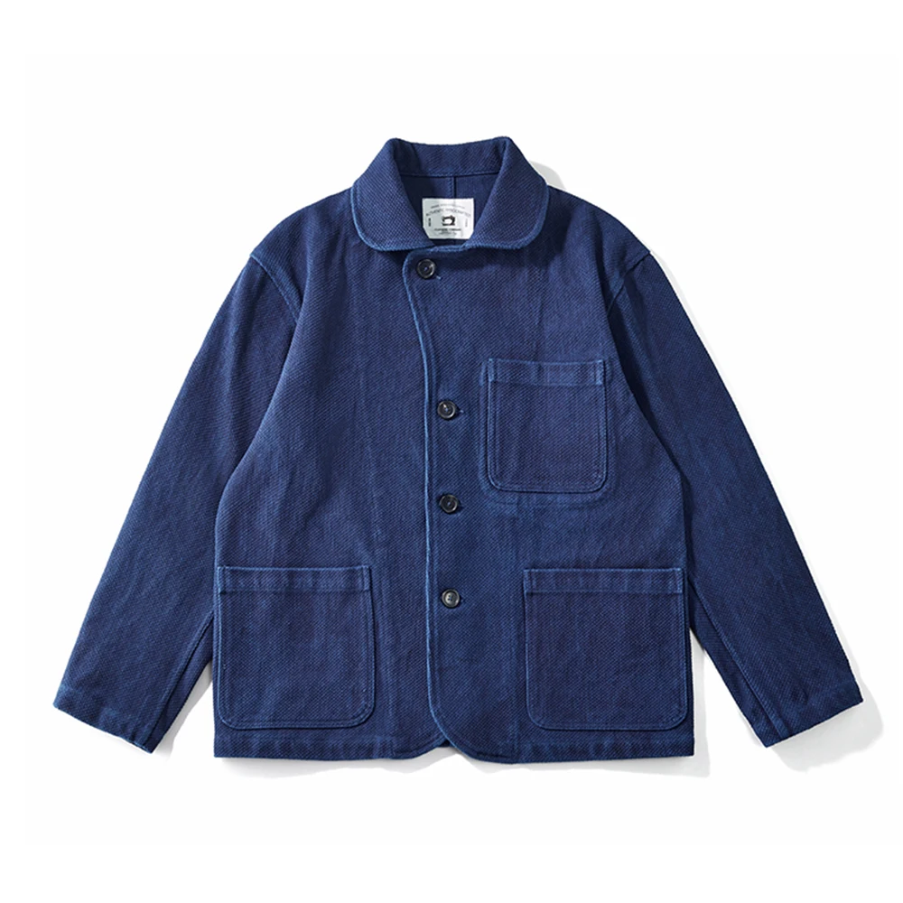 Heavy Weight Indigo Jacket Men Autumn Winter Vintage Workwear Tooling Jacket Blue Dyed Kendo Fabric Multi-pocket Cardgian Coat 4