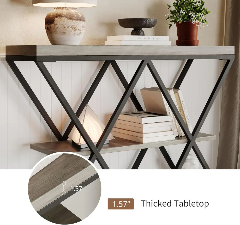 Industrial Console Table with Storage, 3-Tier Entryway Sofa Table, X-Shaped Metal Frame, Gray