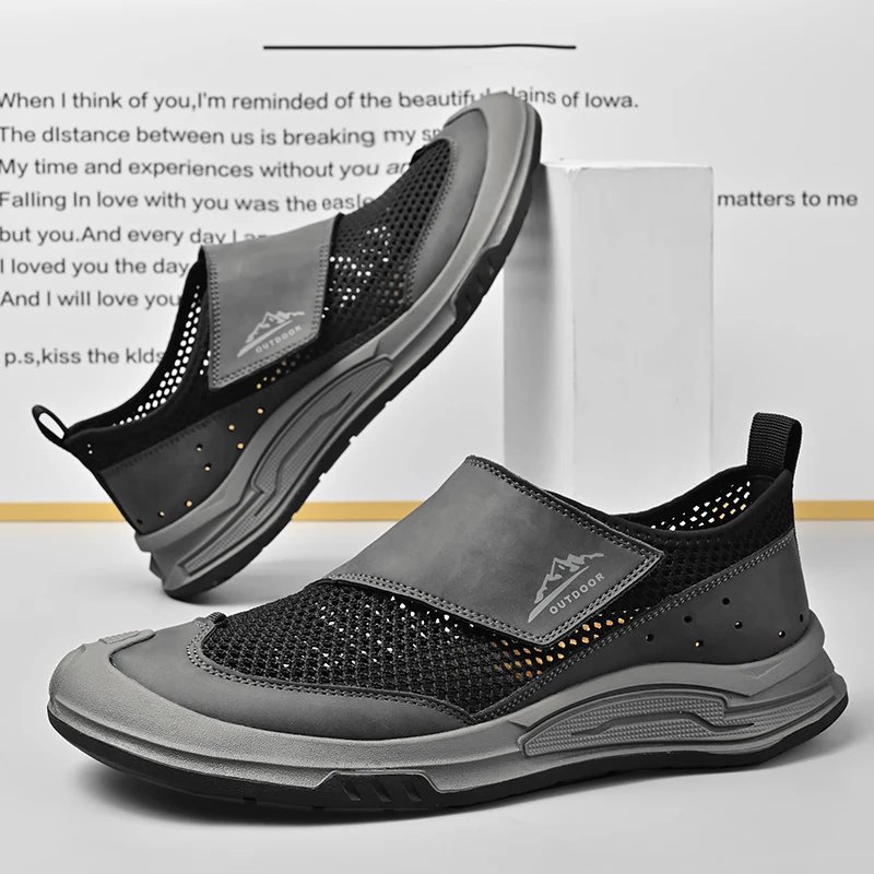 Handmade Leather Men's Slip on Shoes Outdoor Casual Loafers Moccasins Soft-Soled Walking Mesh Shoes Non-Slip Male Driving Shoes 5