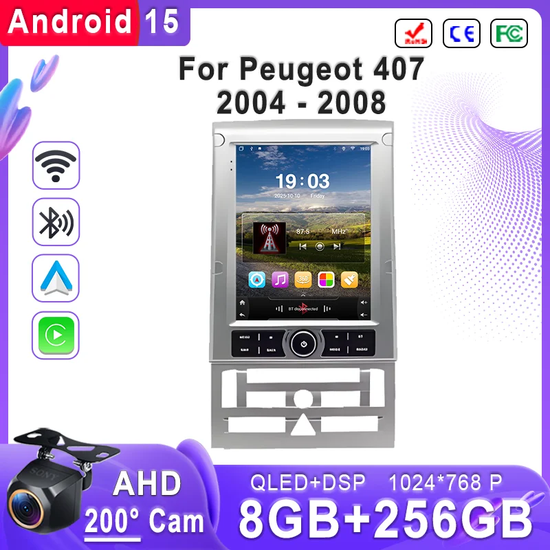 Ohradio 2G+64G Autoradio Android 15 Per Peugeot 407 2004-2008, Schermo 9" Con Carplay Wireless, GPS, Retrocamera E FM