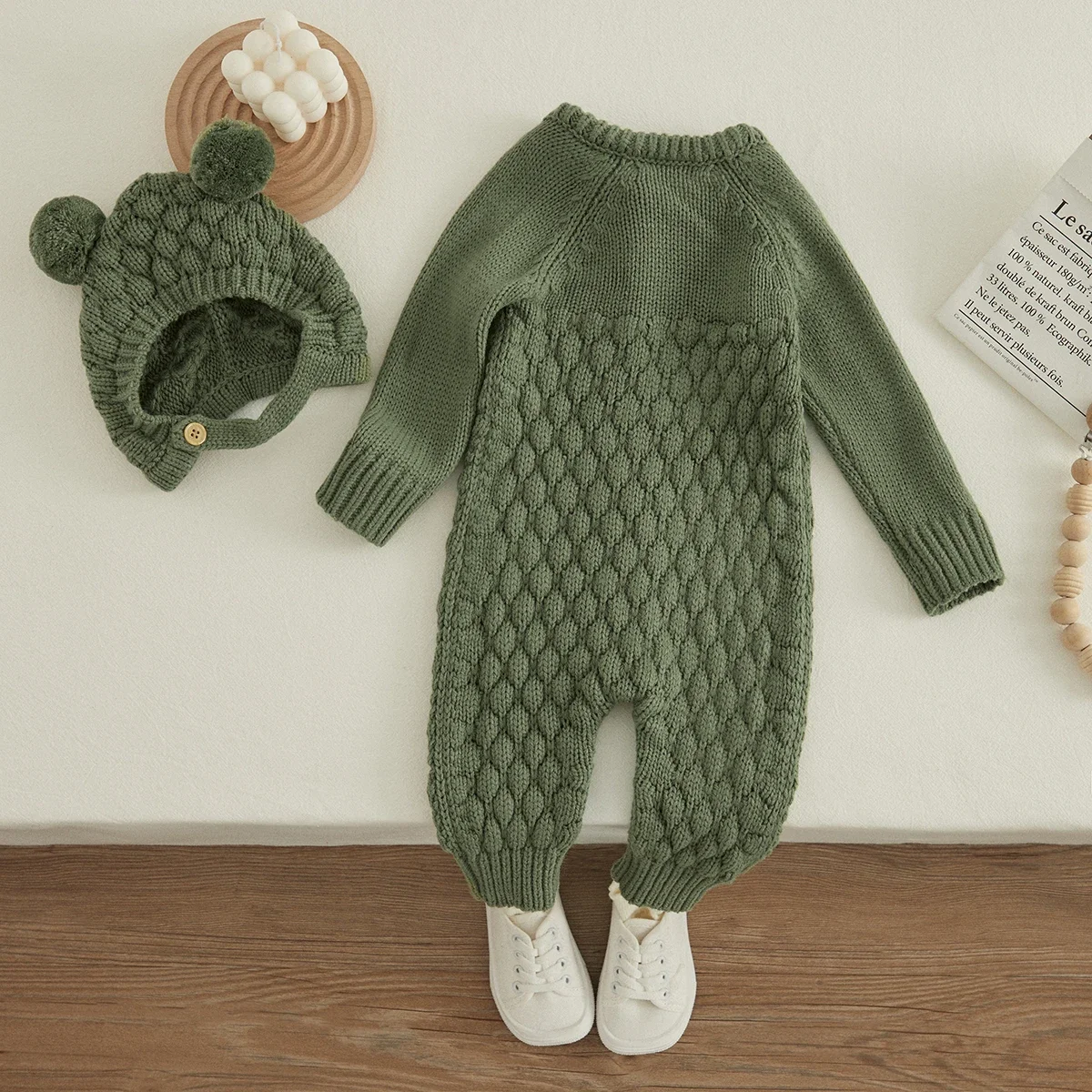 

2PCS Winter Jumpsuit Outfits Infant Boys Girls Clothes Long Sleeve Solid Color Knitted Romper + Bear Hat Set