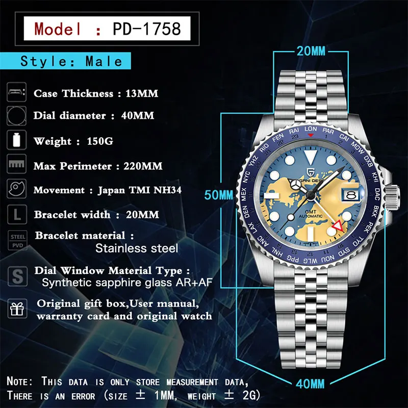 Pagani Design automatisch herenhorloge, keramische lunette, waterdicht, 100 m, mechanisch polshorloge, saffierglas, lichtgevende wijzers, horloge voor mannen, armband