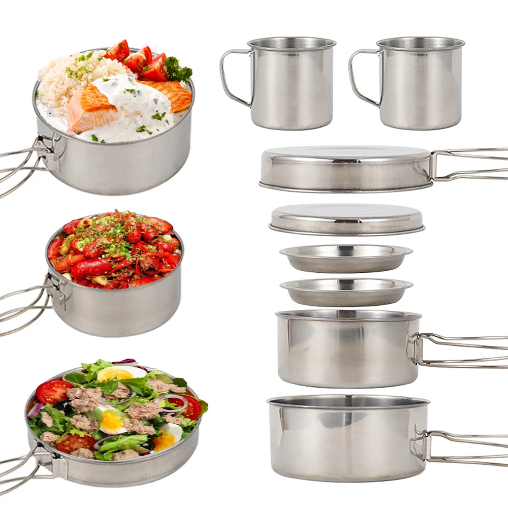 8pcs Stainless Steel Camping Cookware Set – Pot, Pan, Plates & Cups Kit 2