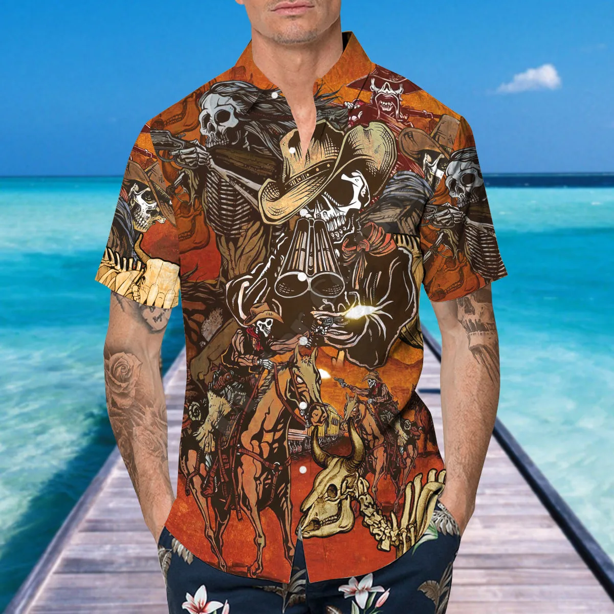 3D Printed Vintage Skull Cowboys Halloween Hawaiian Shirt Summer Short Sleeved Shirts Men Shirts Oversize Camisa Social 5XL